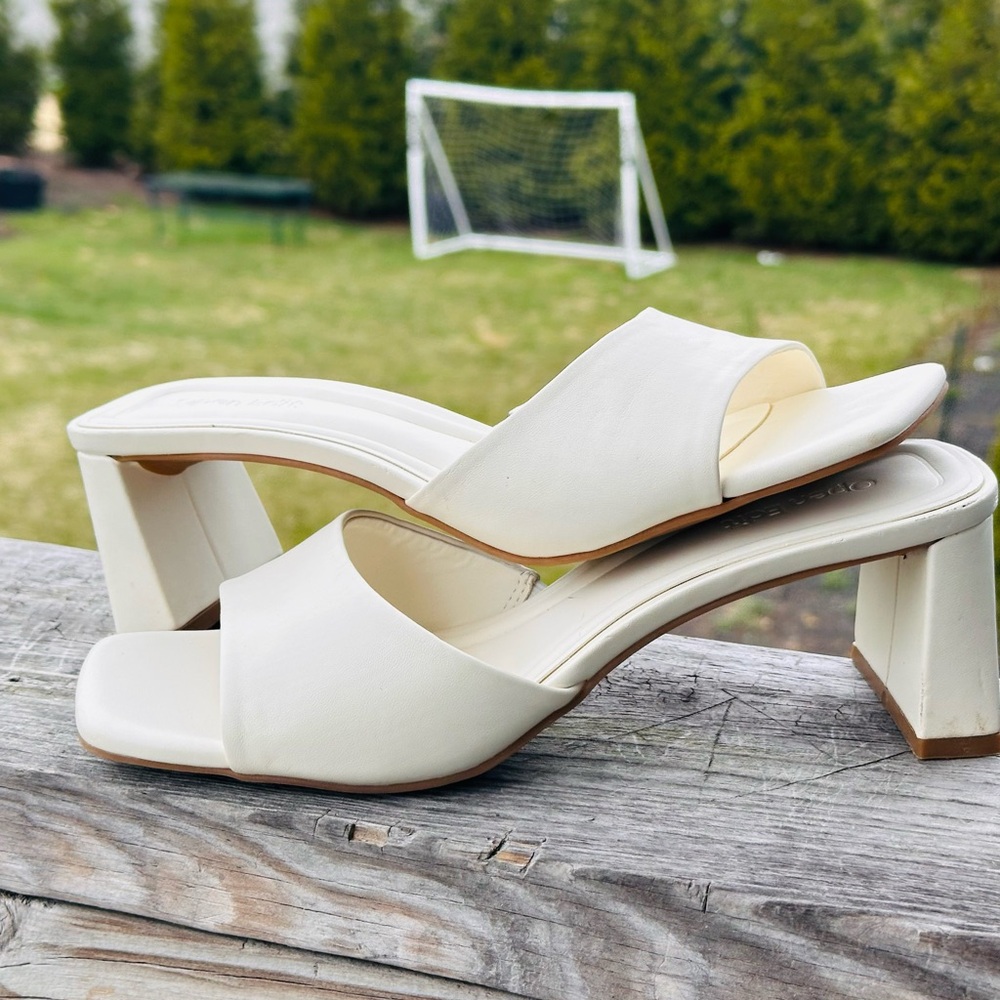 White Square-Toe Slide Heels